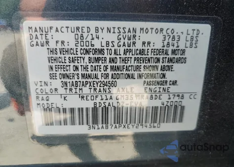 2014 Nissan Sentra S z USA, uszkodzony, nr VIN 3N1AB7APXEY294560